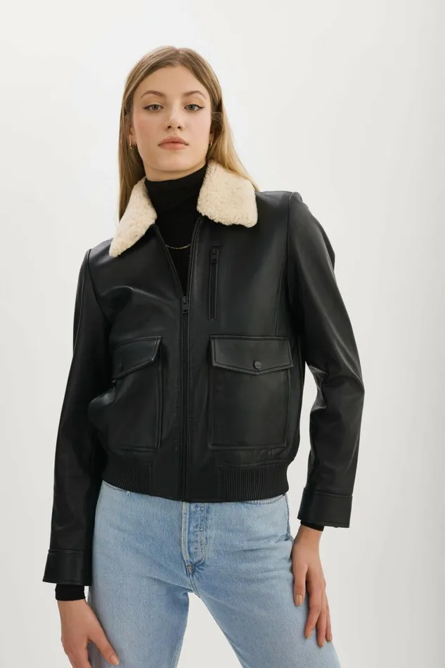 Klemence Leather Aviator Jacket Black Women Lamarque LEATHER JACKETS