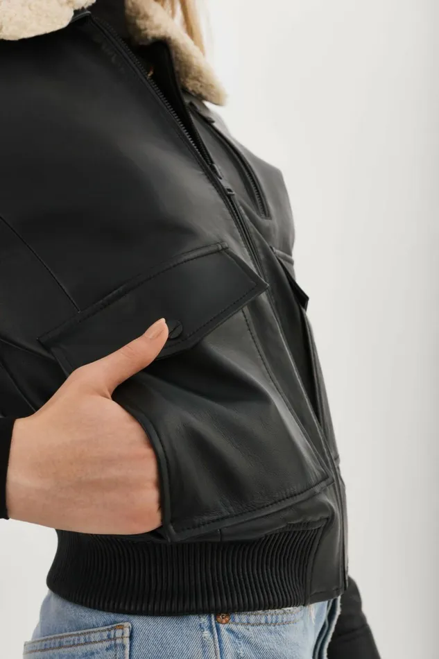 Klemence Leather Aviator Jacket Black Women Lamarque LEATHER JACKETS