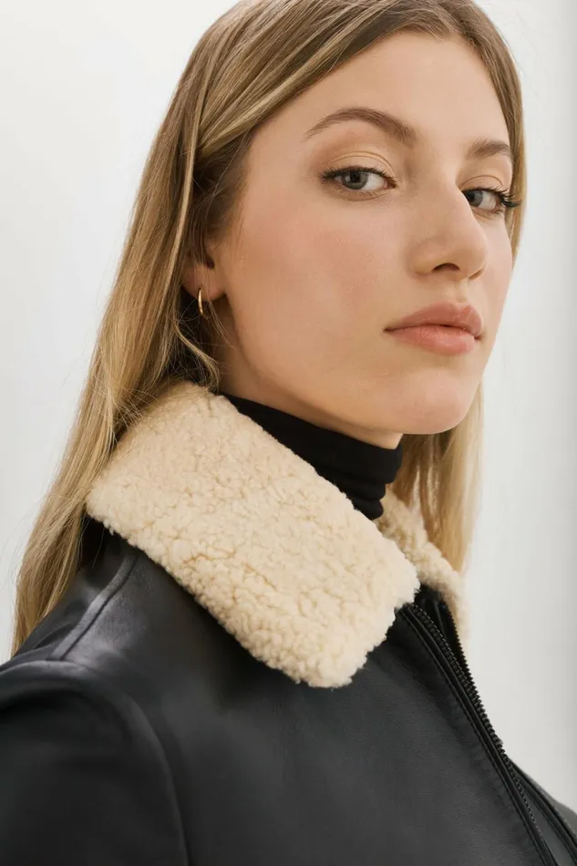 Klemence Leather Aviator Jacket Black Women Lamarque LEATHER JACKETS