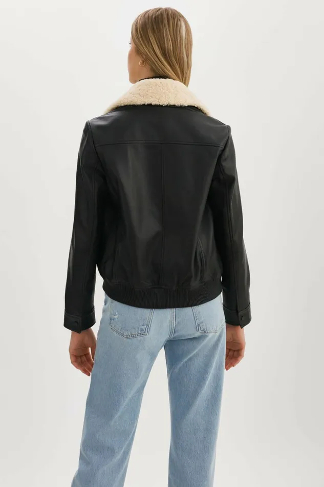 Klemence Leather Aviator Jacket Black Women Lamarque LEATHER JACKETS