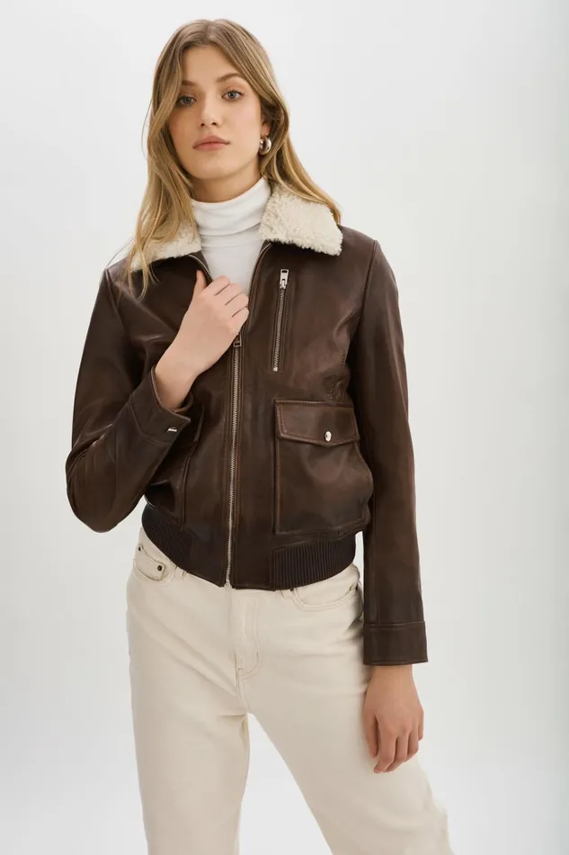 Klemence Leather Aviator Jacket Chocolate Brown Women Lamarque LEATHER JACKETS