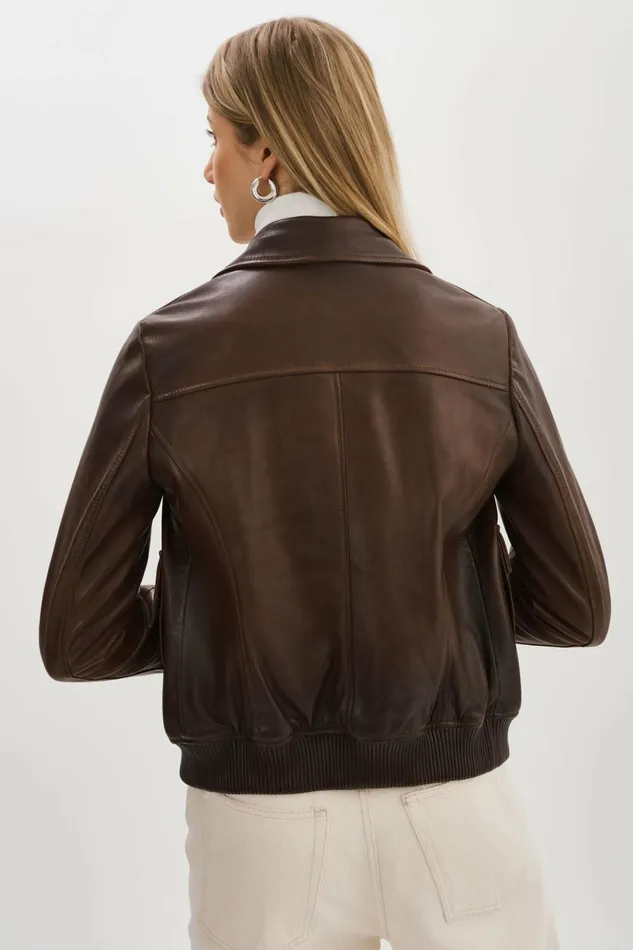 Klemence Leather Aviator Jacket Chocolate Brown Women Lamarque LEATHER JACKETS