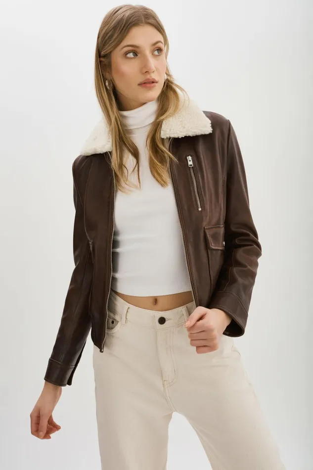 Klemence Leather Aviator Jacket Chocolate Brown Women Lamarque LEATHER JACKETS