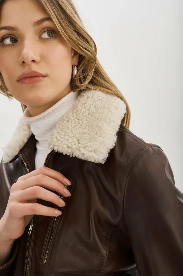 Klemence Leather Aviator Jacket Chocolate Brown Women Lamarque LEATHER JACKETS