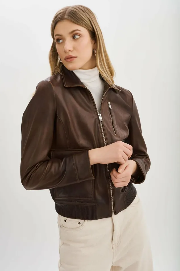 Klemence Leather Aviator Jacket Chocolate Brown Women Lamarque LEATHER JACKETS