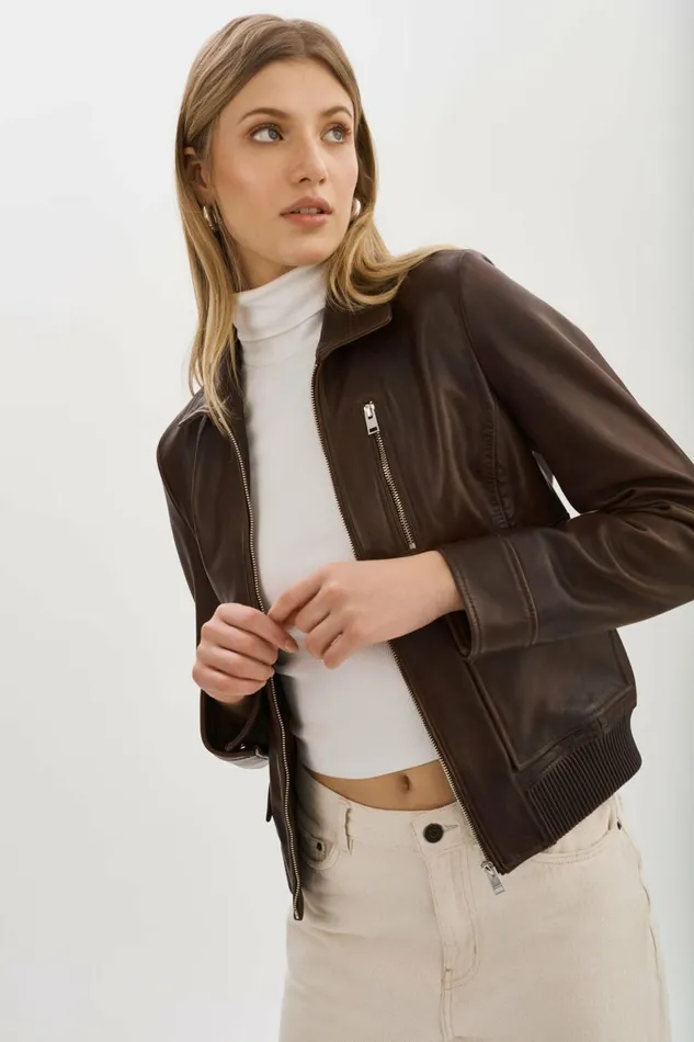 Klemence Leather Aviator Jacket Chocolate Brown Women Lamarque LEATHER JACKETS