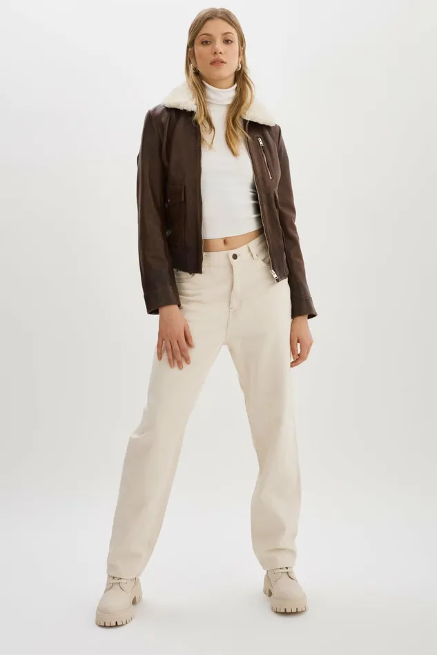 Klemence Leather Aviator Jacket Chocolate Brown Women Lamarque LEATHER JACKETS
