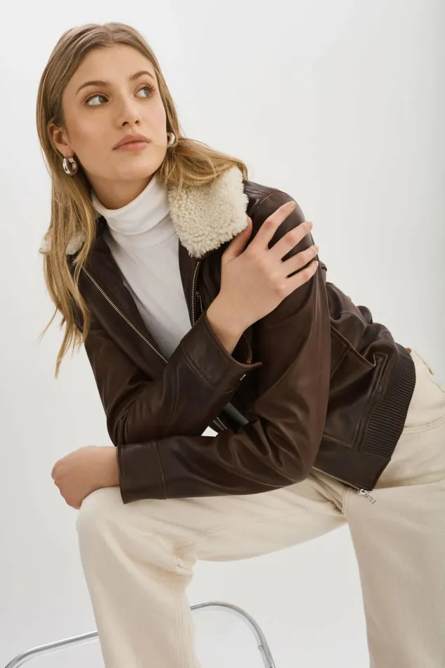 Klemence Leather Aviator Jacket Chocolate Brown Women Lamarque LEATHER JACKETS