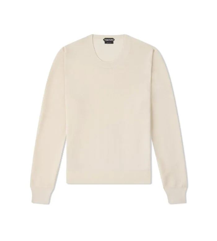 Knitwear Men TOM FORD TEXTURED SILK MERINO CREW NECK Chalk