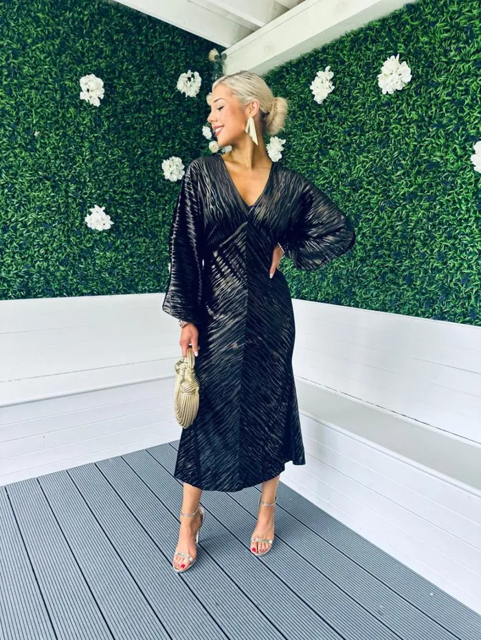 Landan V Neck Long Sleeve Maxi Dress In Black And Gold Velvet Womens Canella Lane Evening Dress