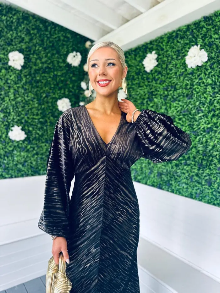 Landan V Neck Long Sleeve Maxi Dress In Black And Gold Velvet Womens Canella Lane Evening Dress