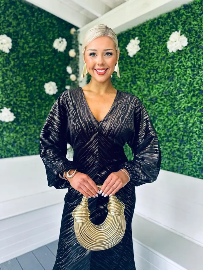 Landan V Neck Long Sleeve Maxi Dress In Black And Gold Velvet Womens Canella Lane Evening Dress