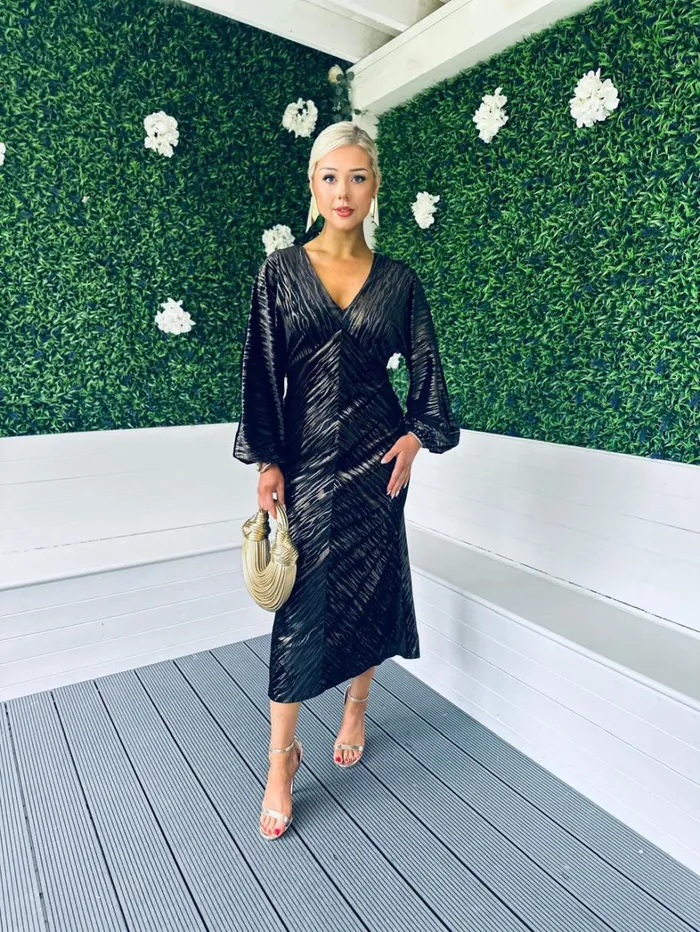 Landan V Neck Long Sleeve Maxi Dress In Black And Gold Velvet Womens Canella Lane Evening Dress