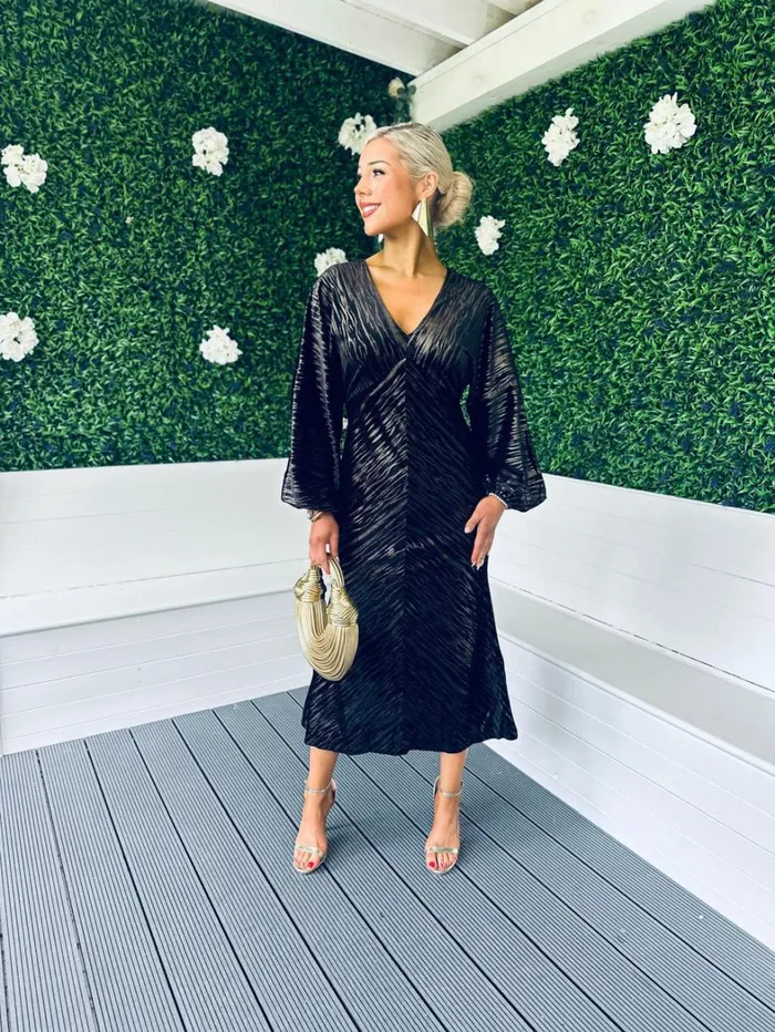 Landan V Neck Long Sleeve Maxi Dress In Black And Gold Velvet Womens Canella Lane Evening Dress