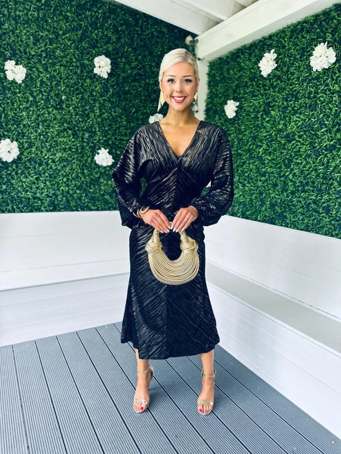 Landan V Neck Long Sleeve Maxi Dress In Black And Gold Velvet Womens Canella Lane Evening Dress