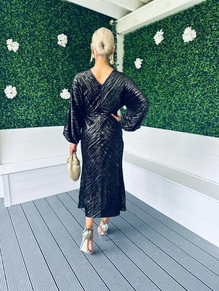 Landan V Neck Long Sleeve Maxi Dress In Black And Gold Velvet Womens Canella Lane Evening Dress