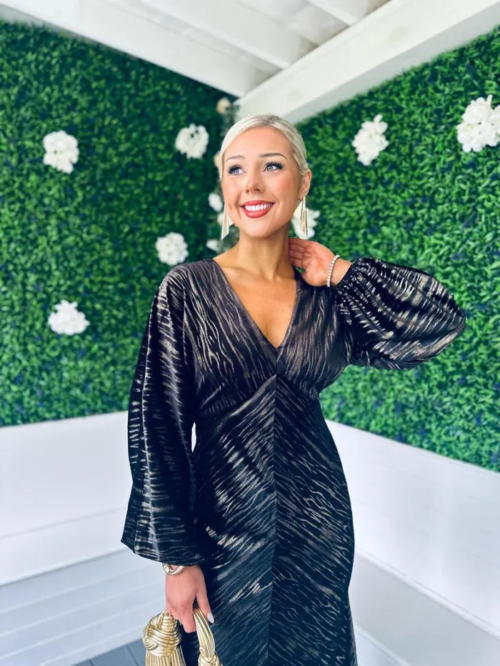 Landan V Neck Long Sleeve Maxi Dress In Black And Gold Velvet Womens Canella Lane Evening Dress