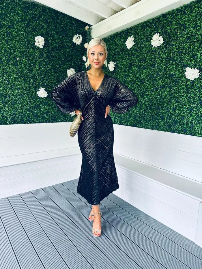 Landan V Neck Long Sleeve Maxi Dress In Black And Gold Velvet Womens Canella Lane Evening Dress