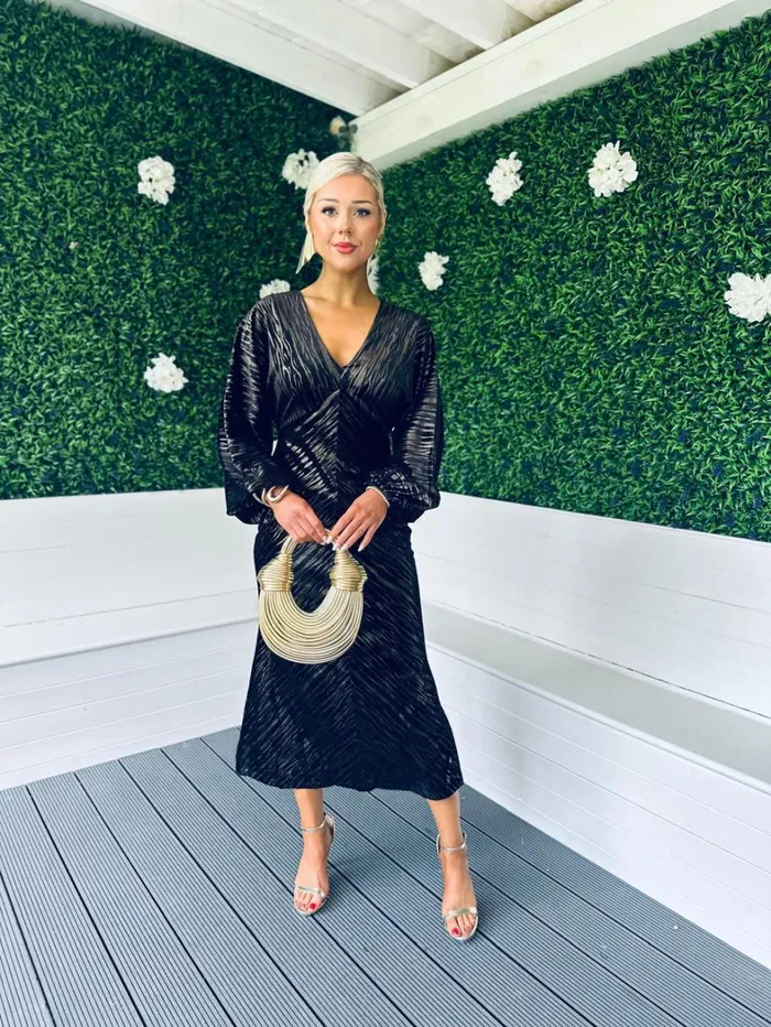 Landan V Neck Long Sleeve Maxi Dress In Black And Gold Velvet Womens Canella Lane Evening Dress