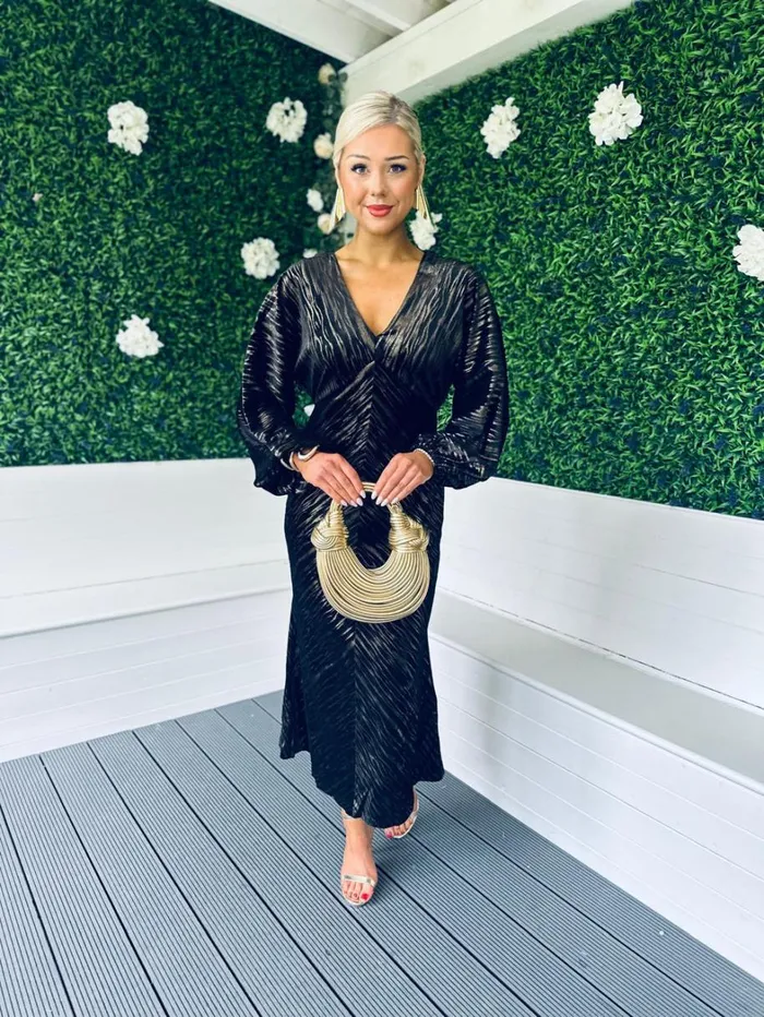 Landan V Neck Long Sleeve Maxi Dress In Black And Gold Velvet Womens Canella Lane Evening Dress