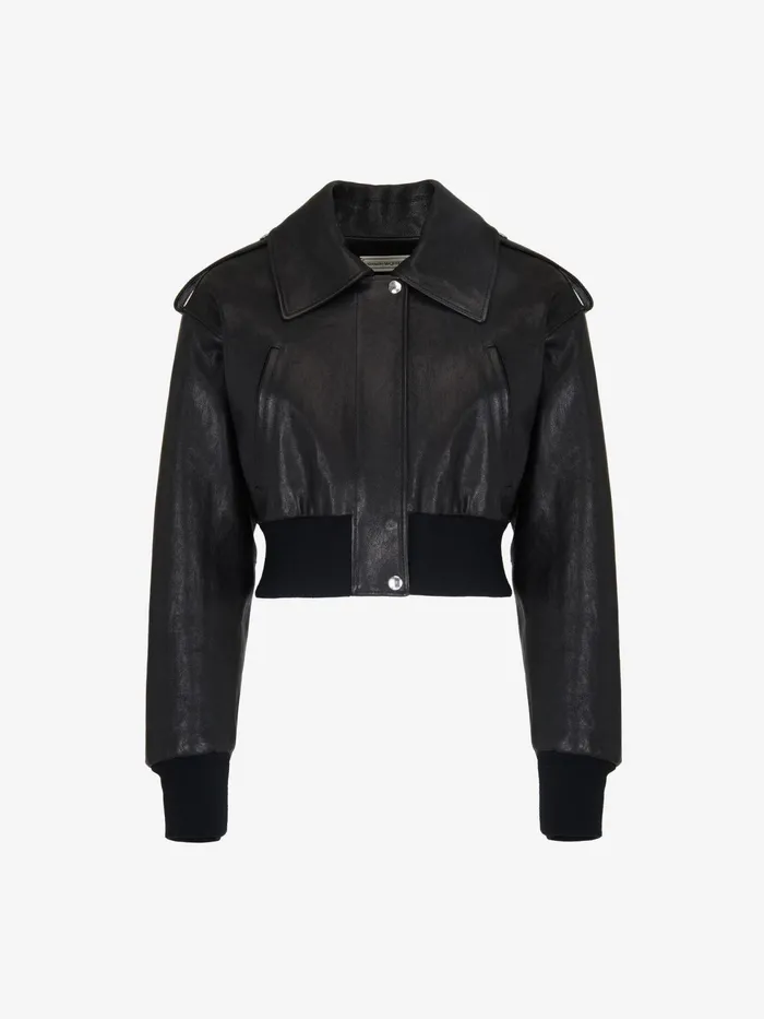 Leather Women Alexander McQueen Cropped Aviator Bomber Jacket Black
