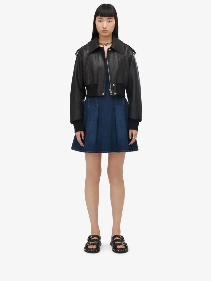 Leather Women Alexander McQueen Cropped Aviator Bomber Jacket Black