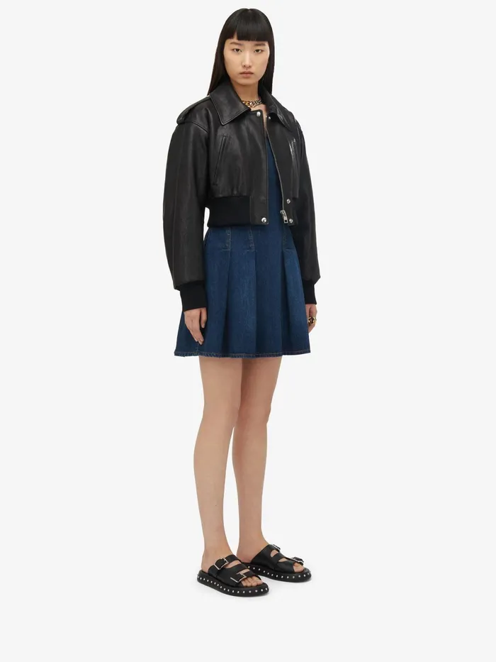 Leather Women Alexander McQueen Cropped Aviator Bomber Jacket Black