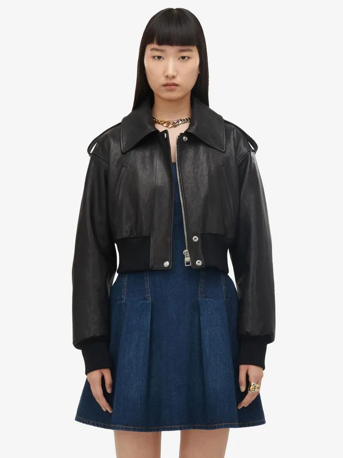 Leather Women Alexander McQueen Cropped Aviator Bomber Jacket Black