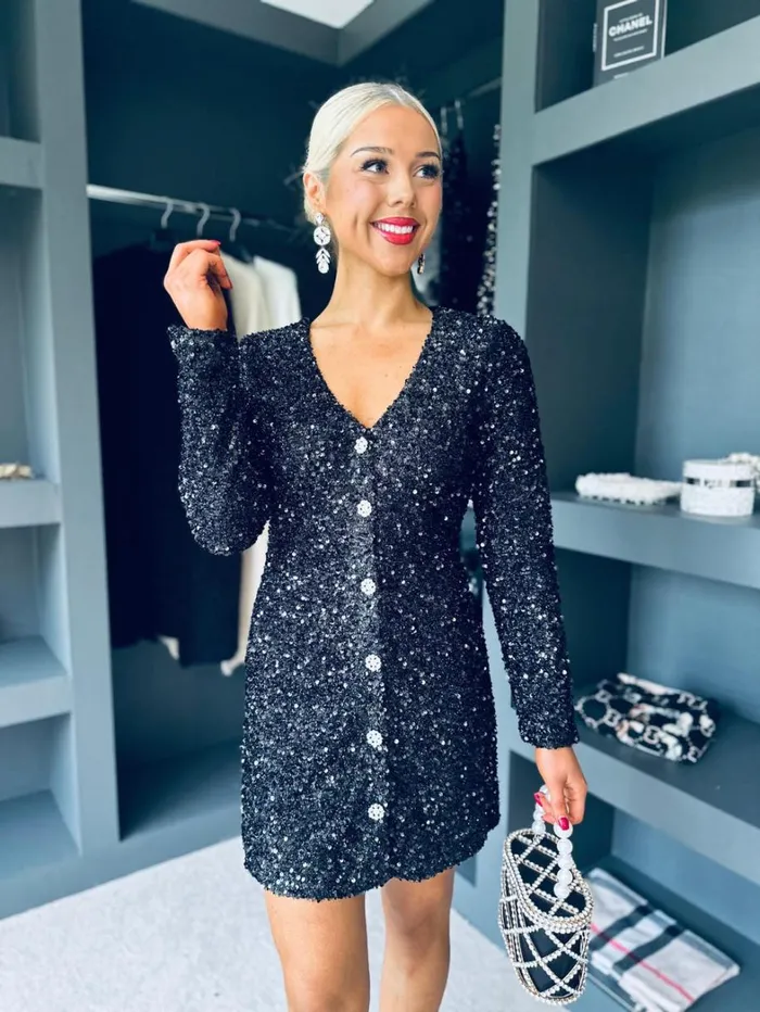 Lilly Detailed Sequin Mini Dress Black Womens Canella Lane Evening Dress