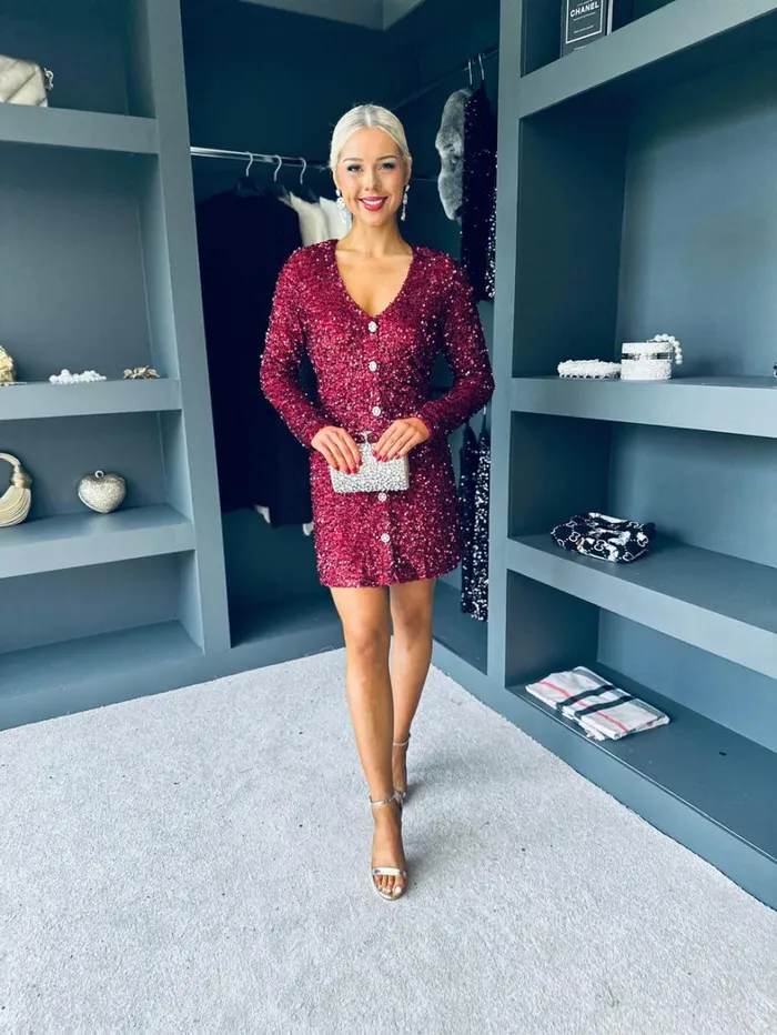 Lilly Detailed Sequin Mini Dress Burgundy Womens Canella Lane Evening Dress