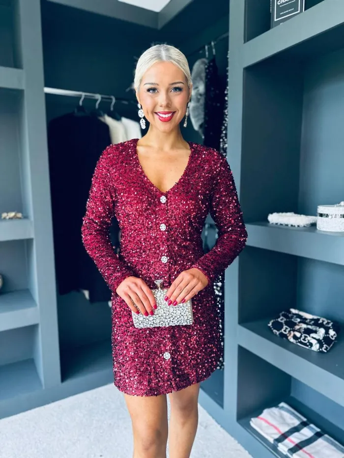 Lilly Detailed Sequin Mini Dress Burgundy Womens Canella Lane Evening Dress
