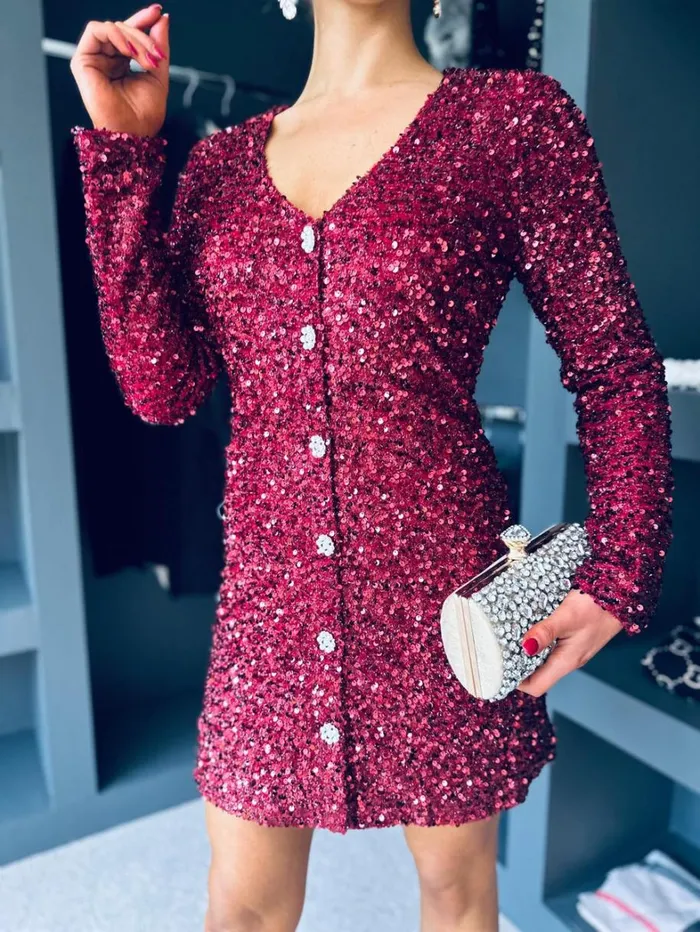 Lilly Detailed Sequin Mini Dress Burgundy Womens Canella Lane Evening Dress