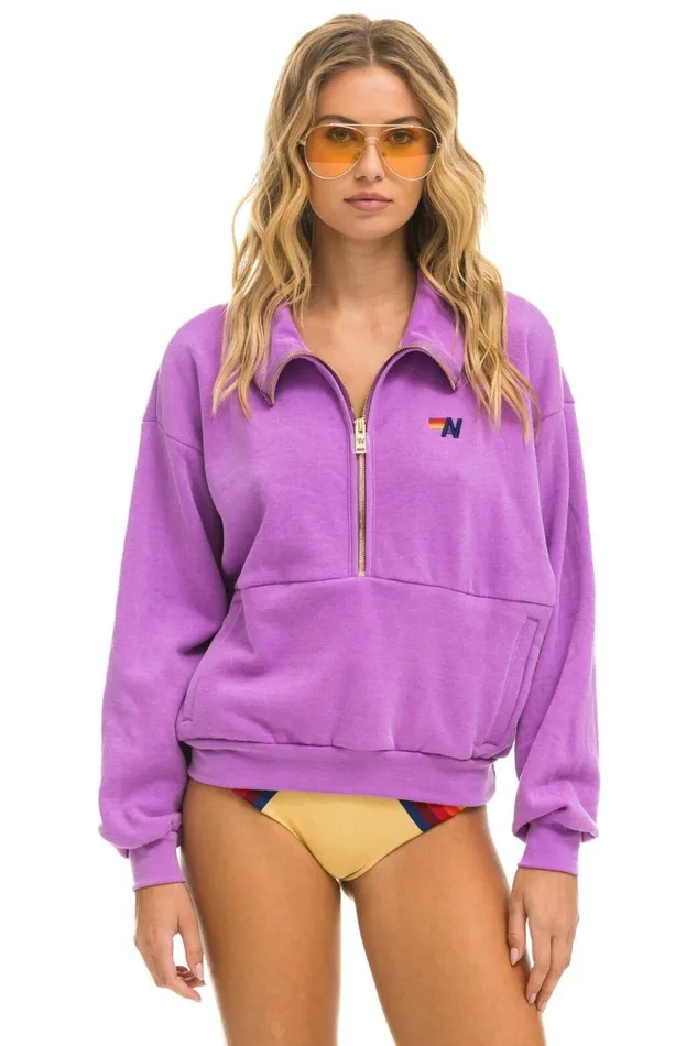 LOGO EMBROIDERY HALF ZIP SWEATSHIRT 8211 NEON PURPLE Women Aviator Nation Sweatshirts