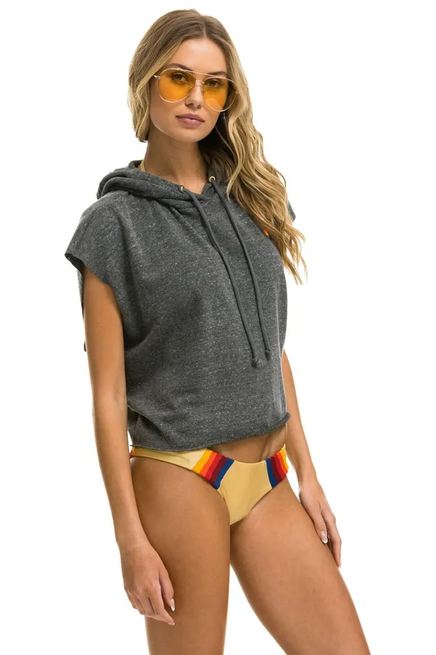 LOGO EMBROIDERY SLEEVELESS RELAXED CROPPED PULLOVER HOODIE 8211 HEATHER GREY Women Aviator Nation Hoodies