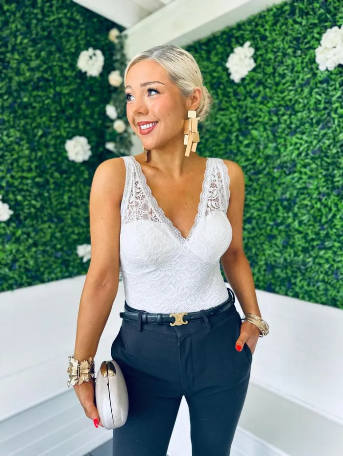 Lola Lace Detail Bodysuit White Womens Canella Lane Tops Skirts and Shorts