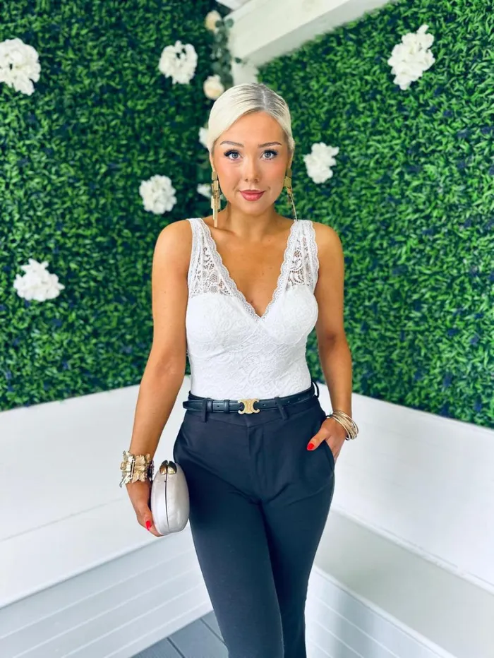Lola Lace Detail Bodysuit White Womens Canella Lane Tops Skirts and Shorts