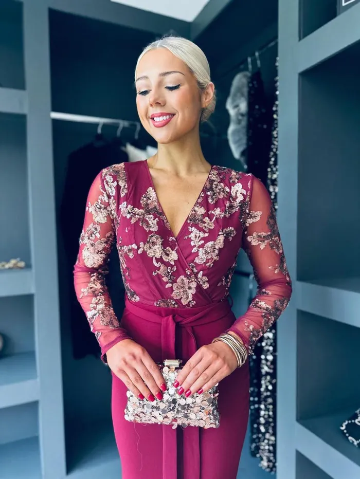 Luna Long Sleeve Sequin Top Bodycon Dress In Wine Womens Canella Lane Evening Dress