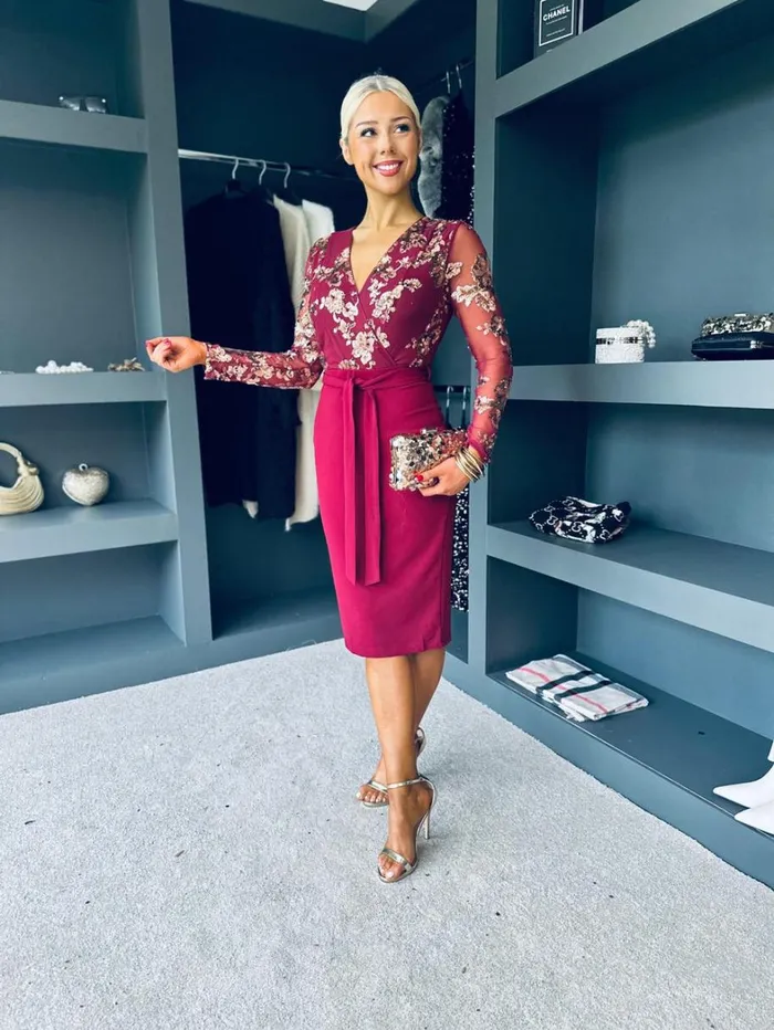 Luna Long Sleeve Sequin Top Bodycon Dress In Wine Womens Canella Lane Evening Dress