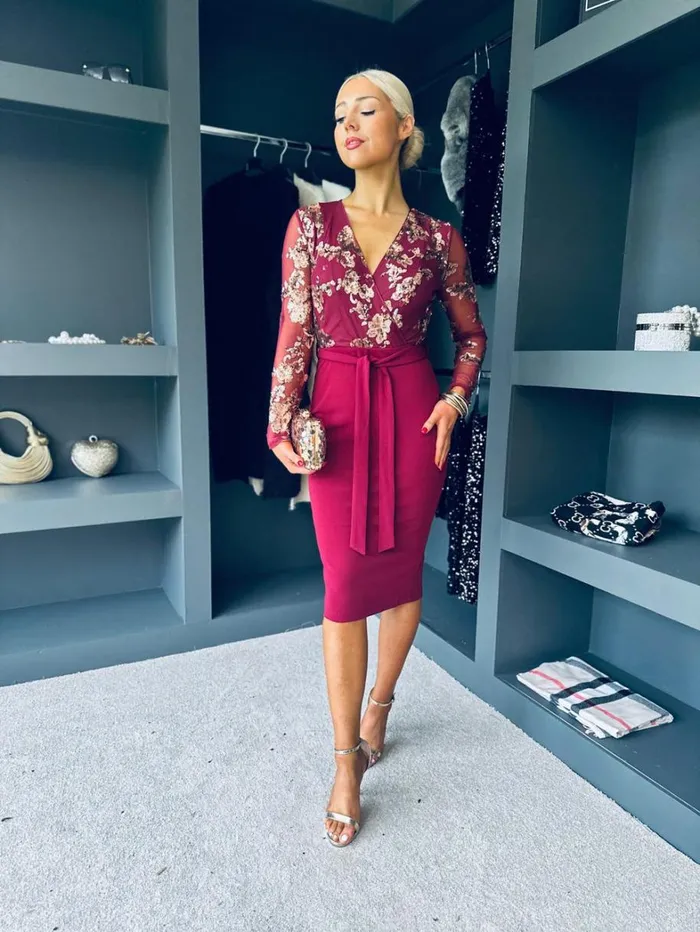 Luna Long Sleeve Sequin Top Bodycon Dress In Wine Womens Canella Lane Evening Dress