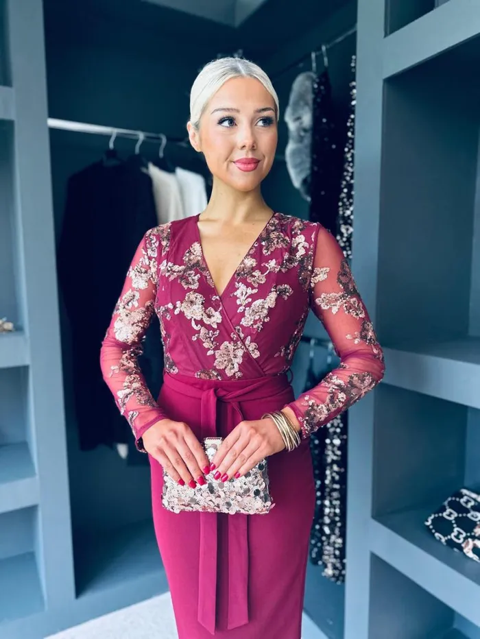 Luna Long Sleeve Sequin Top Bodycon Dress In Wine Womens Canella Lane Evening Dress