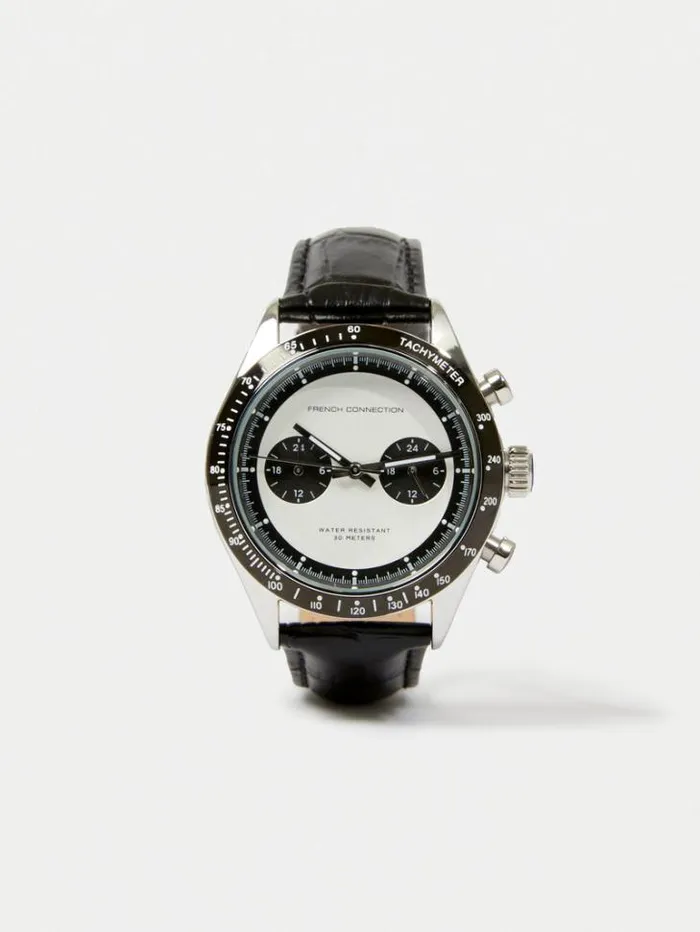 Man French Connection Watches Black Leather Strap Watch With White Dial Black