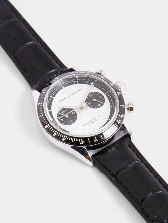 Man French Connection Watches Black Leather Strap Watch With White Dial Black