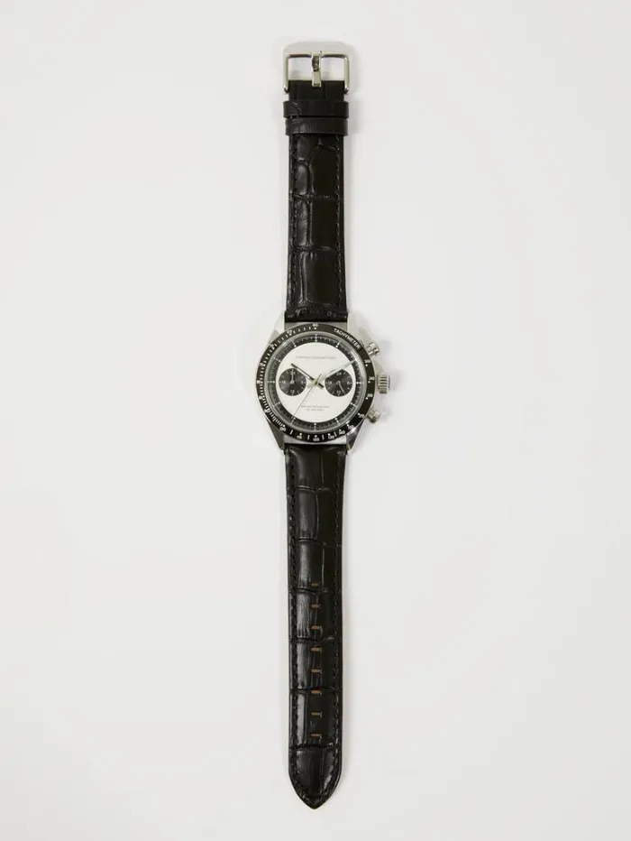 Man French Connection Watches Black Leather Strap Watch With White Dial Black