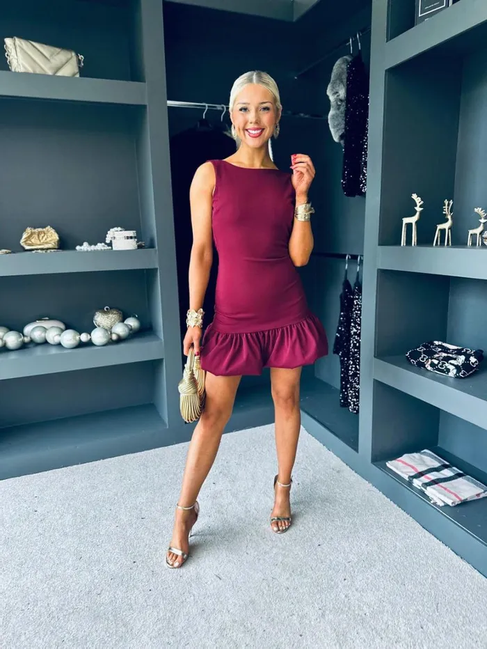 Mandy Detailed Mini Dress Burgundy Womens Canella Lane Evening Dress