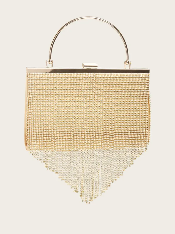 Marciano Handbags Women Rhinestone Fringe Clutch Gold