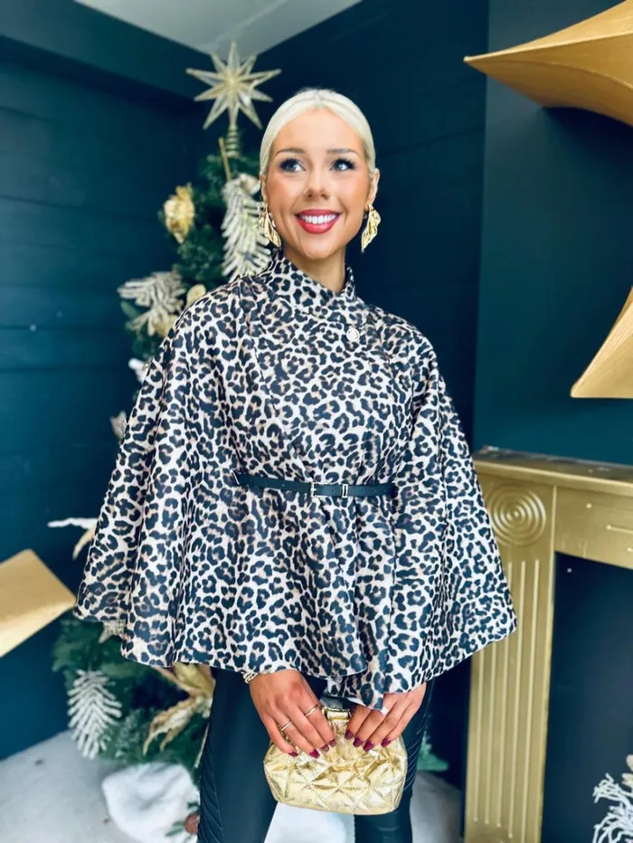 Maura Leopard Belted Cape Stone Womens Canella Lane Coats and Jackets