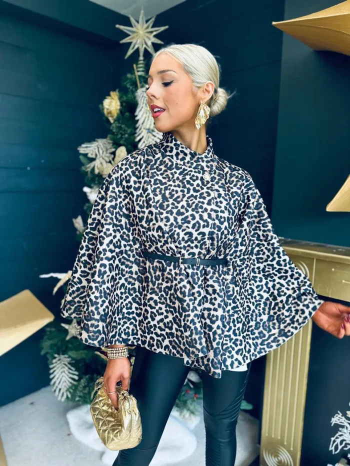 Maura Leopard Belted Cape Stone Womens Canella Lane Coats and Jackets