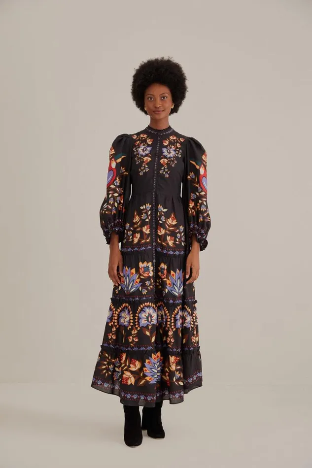 Maxi Dresses Women FARM Rio Black Winter Garden Long Sleeve Maxi Dress