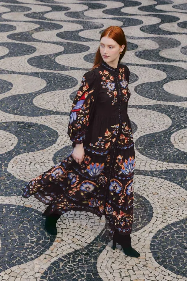 Maxi Dresses Women FARM Rio Black Winter Garden Long Sleeve Maxi Dress
