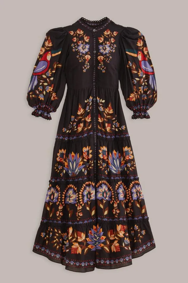Maxi Dresses Women FARM Rio Black Winter Garden Long Sleeve Maxi Dress